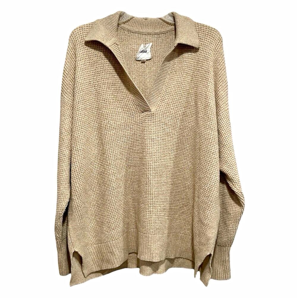 Aerie CozyUp Oversized Waffle Knit Polo Sweater Small Beige Neutral Earthy